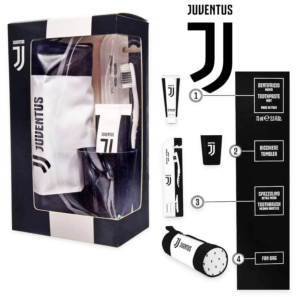 Juventus Set OralCare Uomo Donna Spazzolino + Dentifricio + Bicchiere + Pochette