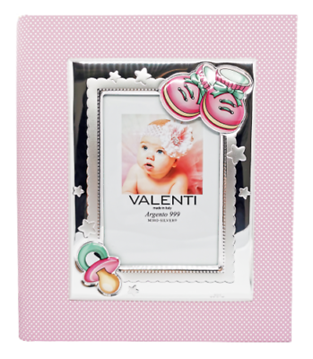 Album Cornice Porta Foto Argento Valenti Scarpette Ciuccio Rosa Regalo Bambina