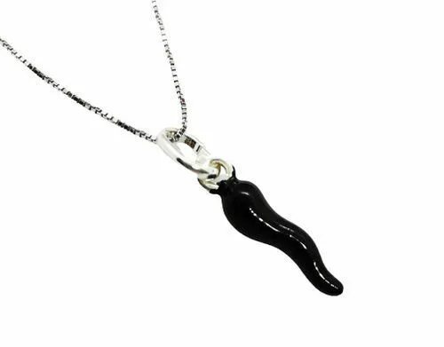 Collana Cornetto Corno Nero Portafortuna Uomo Donna In Argento 925° Rodiato