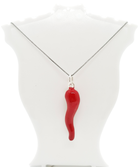 Collana Cornicello Rosso Corno Cornetto Grande XL 42mm Uomo Donna Argento 925