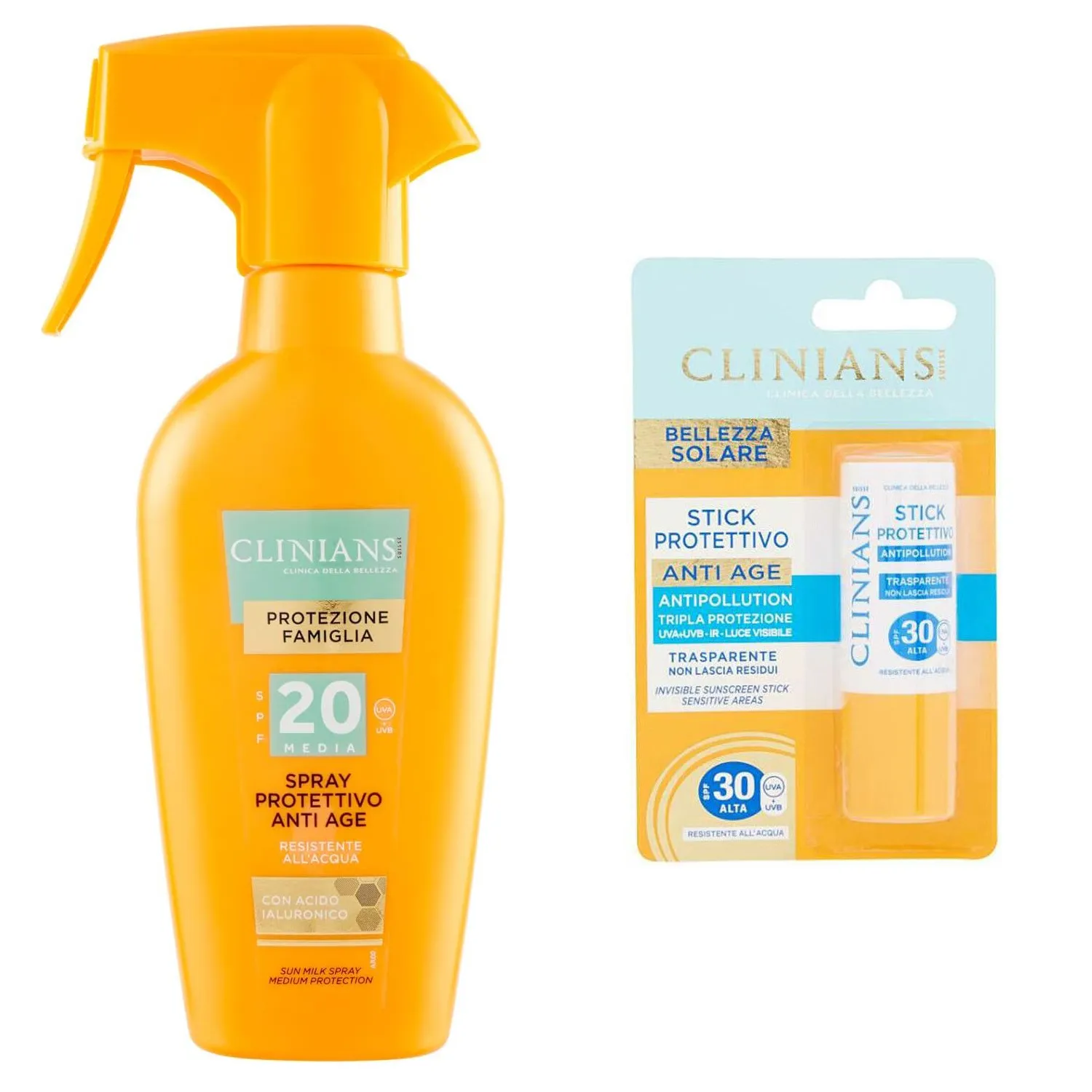 Spray Crema Solare Clinians Protezione 20 Per Tutta La Famiglia + Stick Labbra