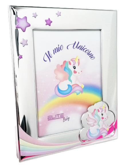 Cornice Porta Foto Argento Elite Regalo Nascita Bambina Unicorno Rosa Arcobaleno