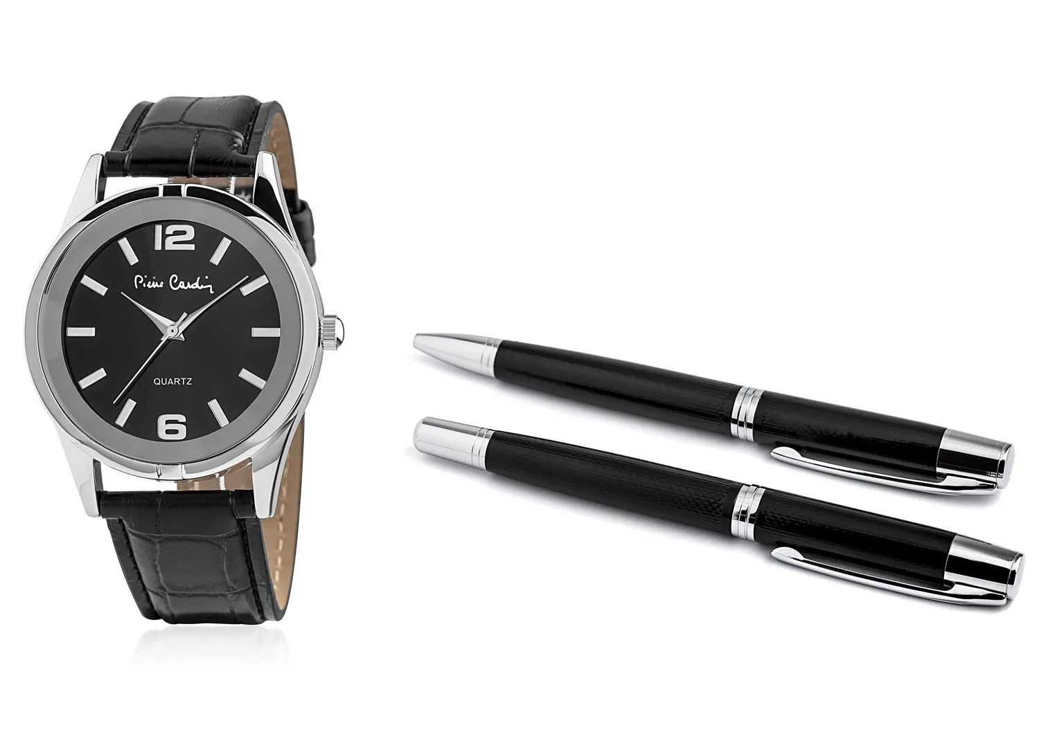 Set Orologio Uomo Pierre Cardin Cinturino Pelle + 2 Penne a Sfera Colore Nero - immagine 2