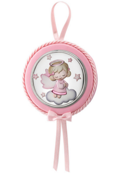 Medaglione Capo Culla Argento Angioletto Rosa Bimba Bambina Suoneria Ninna Nanna