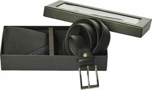 Set Young Coveri Portafoglio Uomo Nero Azzurro Porta Carte Di Credito + Cintura