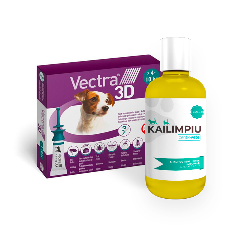 VECTRA 3D CANE 4/10 KG (3 pipette) + KAILIMPIU (250 ml) – Kit protezione e pulizia con antiparassitario in pipette e shampoo repellente