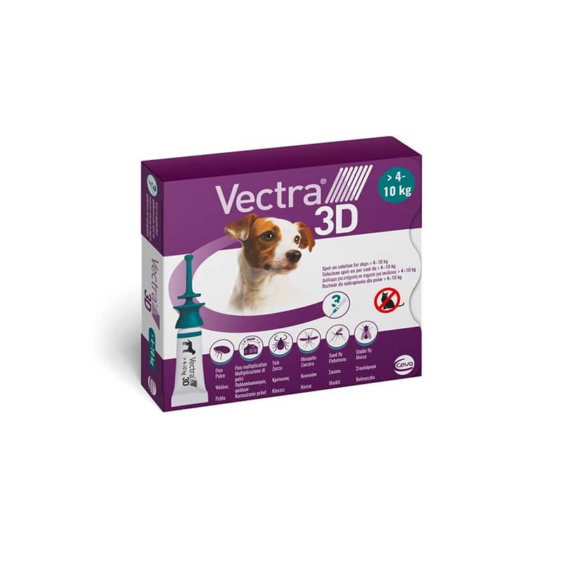 VECTRA 3D CANE 4/10 KG (3 pipette) – Protezione completa in pipette contro pulci, zecche e flebotomi per cani piccoli