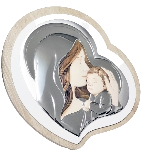 Quadro Atelier Icona Cuore Maternità Madonna Da Tavolo o Parete Argento e Legno