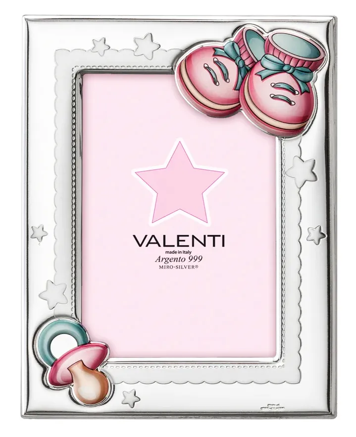 Valenti Cornice Porta Foto Argento Regalo Nascita Bimba Scarpette Ciuccio Rosa